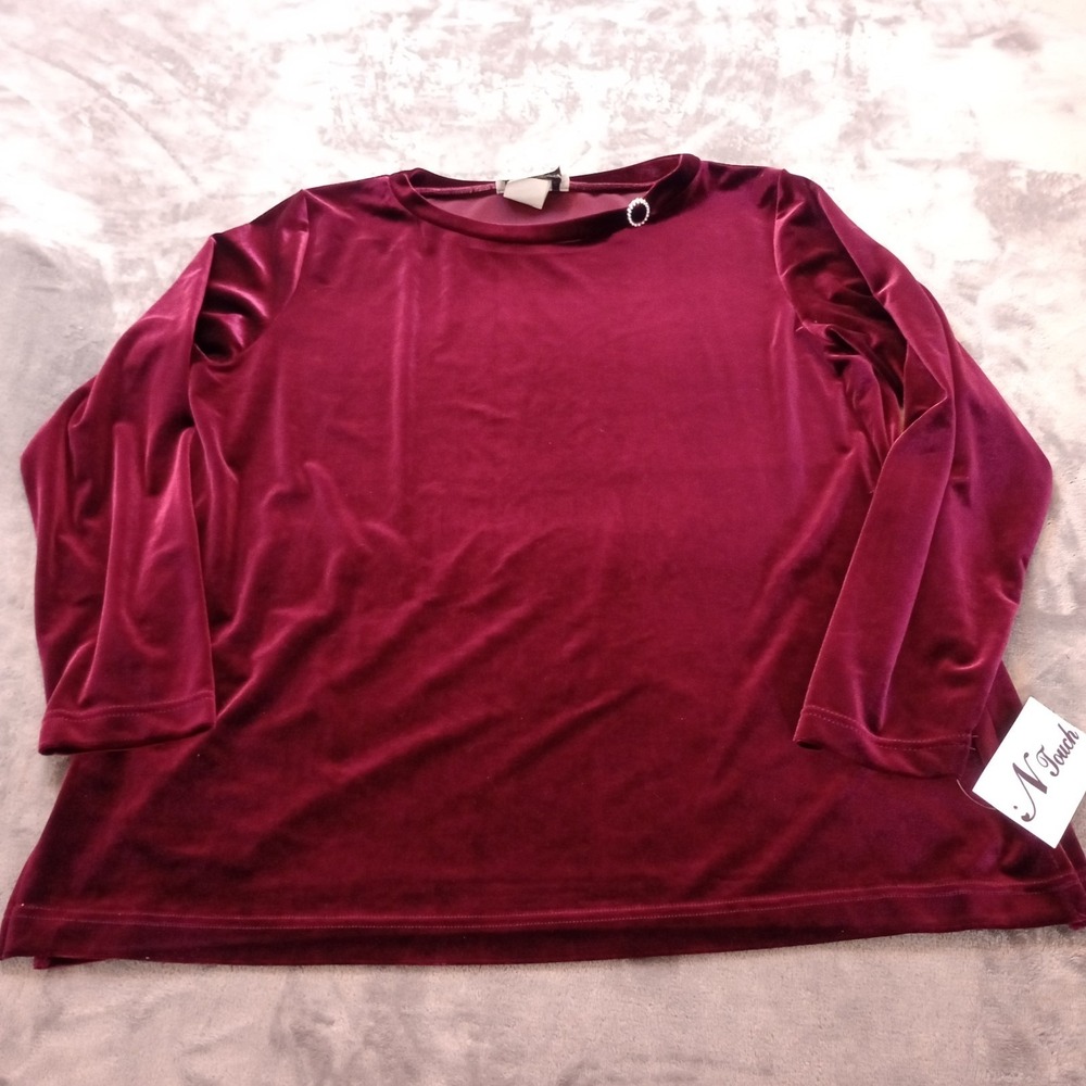 N Touch Posh Velvet Top Blouse Shirt Womens Size Large Maroon Jewel Accent Party
